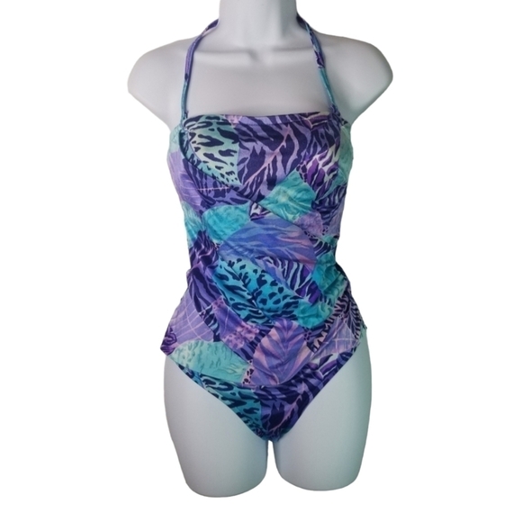 Vtg 70s 80s Jantzen hawaiian floral animal print ruched one piece swimsuit